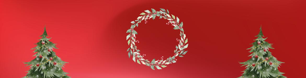 Árbol y corona de Navidad sobre fondo rojo