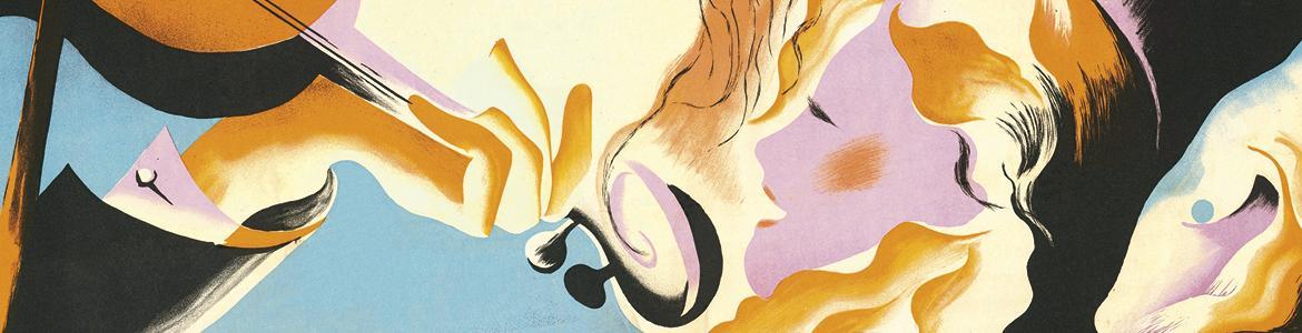 Cartel exposición Al compás Dibujo color mano con violín