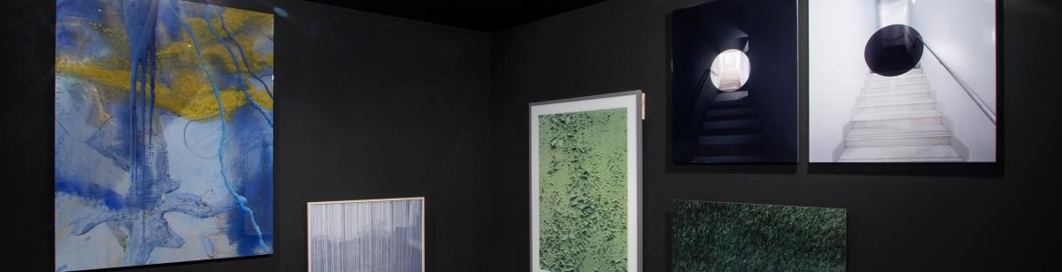 CA2M. Exposición 'Colección XIII' Vista de una exposición con paredes oscuras y varios lienzos colgados en ellas