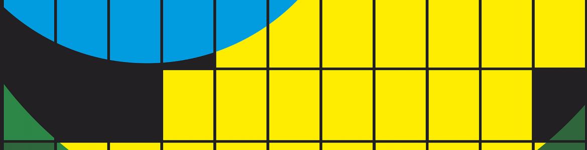 Cuadrado divido de cuadros con círculos de colores superpuestos