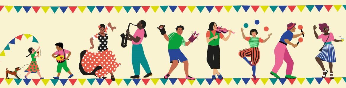Banner Escenas de verano 2024. Ilustración: Irene Blasco Ilustración de personas bailando y tocando instrumentos