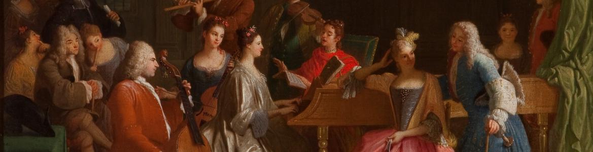 Pintura que representa un grupo de personajes de época reunidos en una velada musical