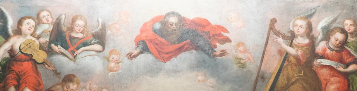 Detalle de un baúl con pinturas con escenas bíblicas