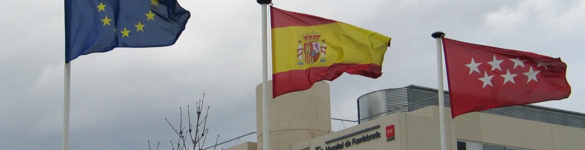 Edificio al fondo de unas banderas