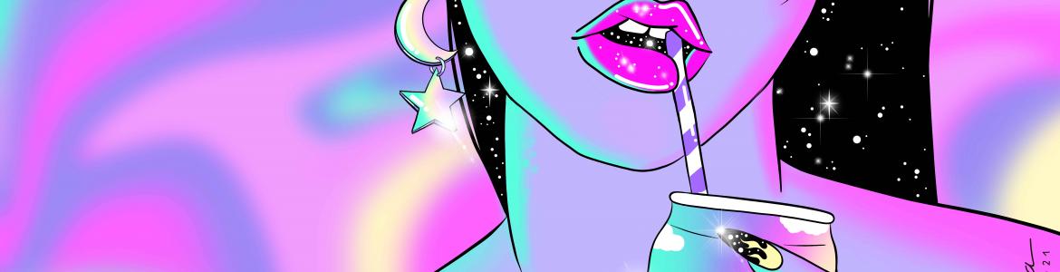 Chica bebiendo de una lata sobre fondo de colores