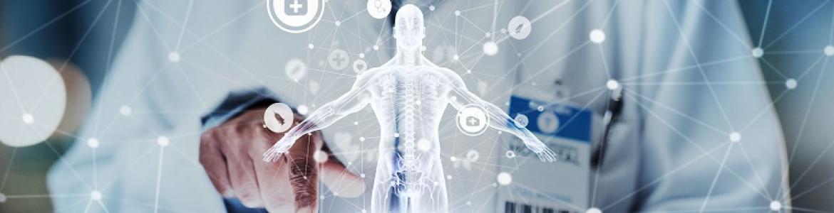 Doctor manejando recursos en pantalla virtual