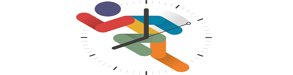 dibujo de un reloj que marca las doce menos veinte con una figura humana de colores como fondo