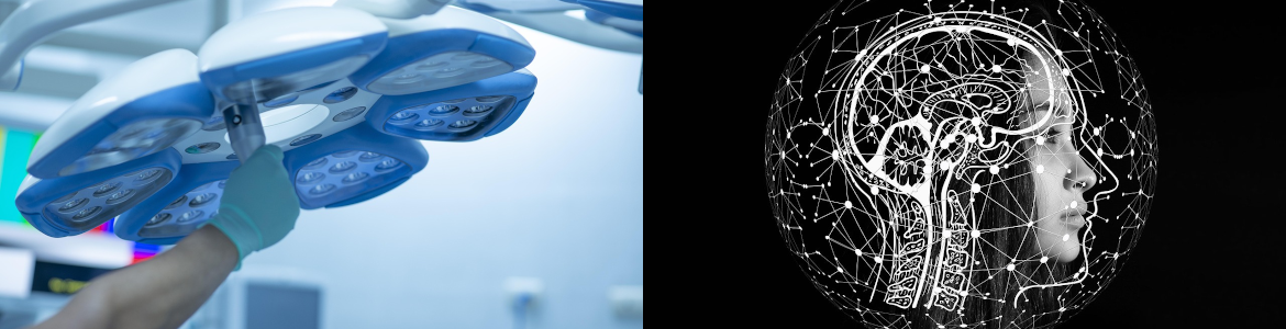 Imagen de quirófano e imagen icónica de un cerebro humano
