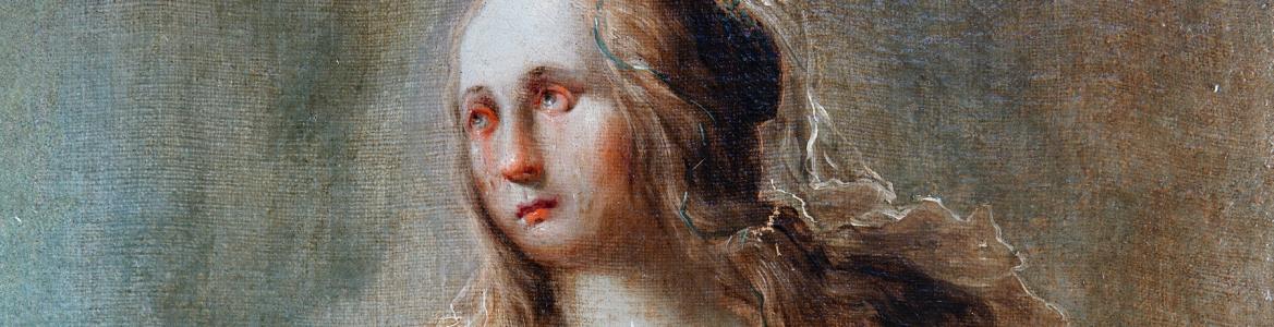 Detalle del lienzo María Magdalena tras la restauración imagen de una mujer con la mano en el pecho y cabello largo dorado