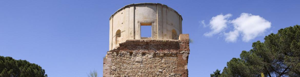 La Casa del Bosque y su entorno natural edificio con torreón semicircular y perímetro de piedra con un campo de amapolas en primer plano