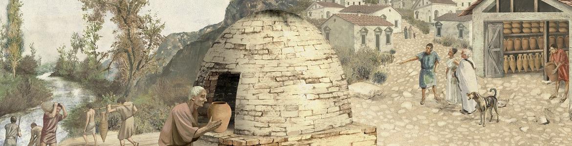 ilustración de complejo alfarero con mujer pintando cerámica y hombres sacando recipientes de un horno