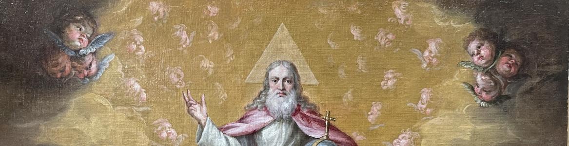 Lienzo que representa a Dios Padre sentado sobre las nubes rodeado de ángeles