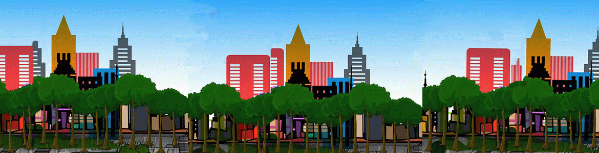 perfil de edificios dibujo frontal de distintos colores de edificios y árboles de una ciudad