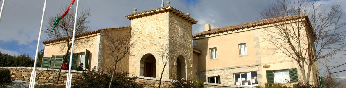 Edificio con fachada de piedra y tejado de tejas, y astas de banderas en primer plano