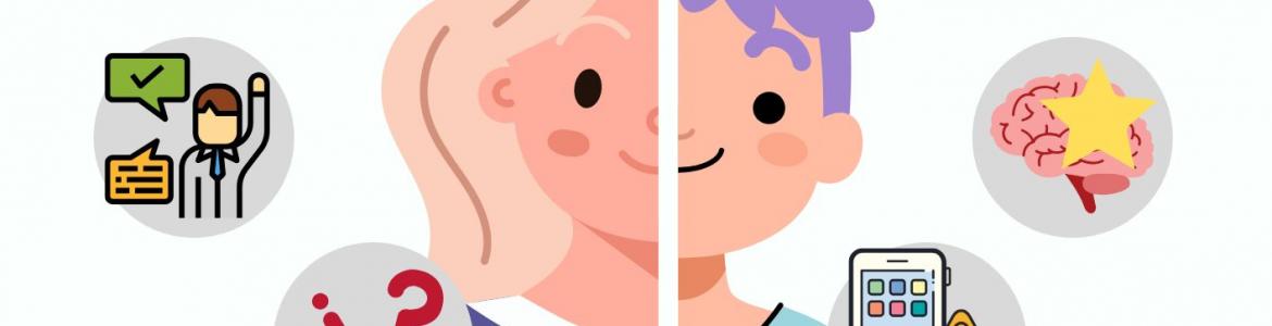 cartel talleres TCA Dibujo de una cabeza mitad niño y mitad niña con iconos alrededor y un título que dicen "Taller por fuera y por dentro: ¡cuidate!"