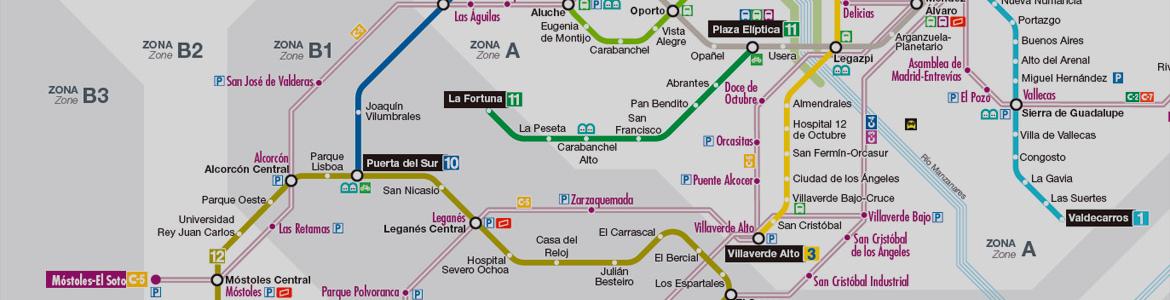 Zonas tarifarias del Abono Transportes Imagen de detalle de un plano esquemático de la red de Metro, Metro Ligero y Cercanías de la Comunidad de Madrid