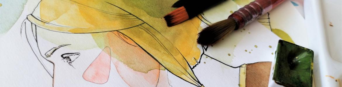 Rostro de mujer pintado acuarelas y pinceles