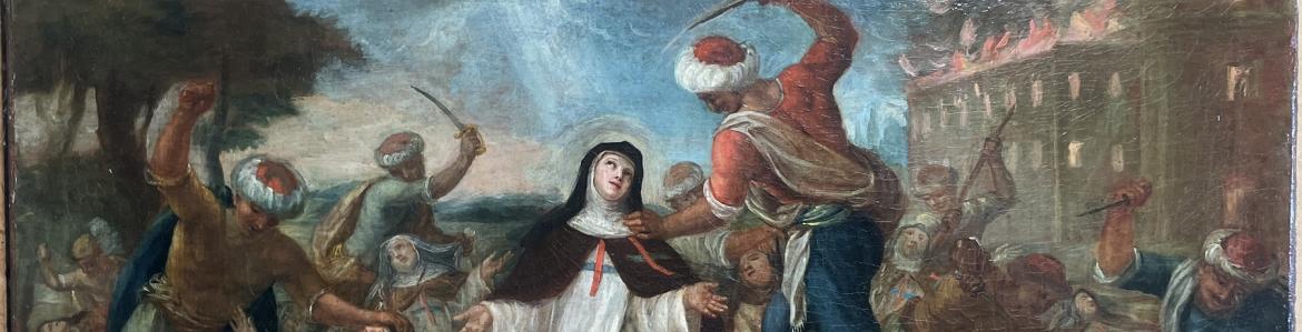 pintura representando el asesinato de unas mujeres con vestimenta religiosa a manos de unos hombres ataviados con turbante y portando sables