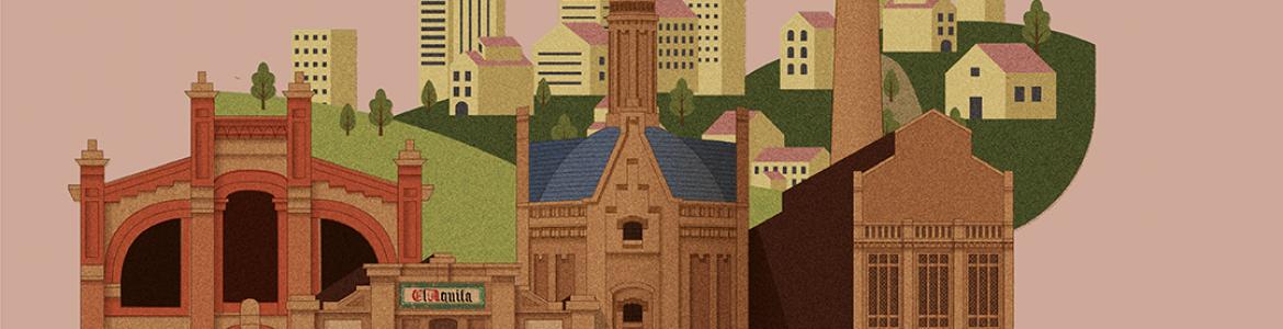 ilustración recorrido urbano con jóvenes y un barrio