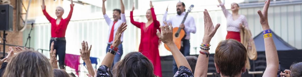 público levantando las manos en un espectáculo de flamenco