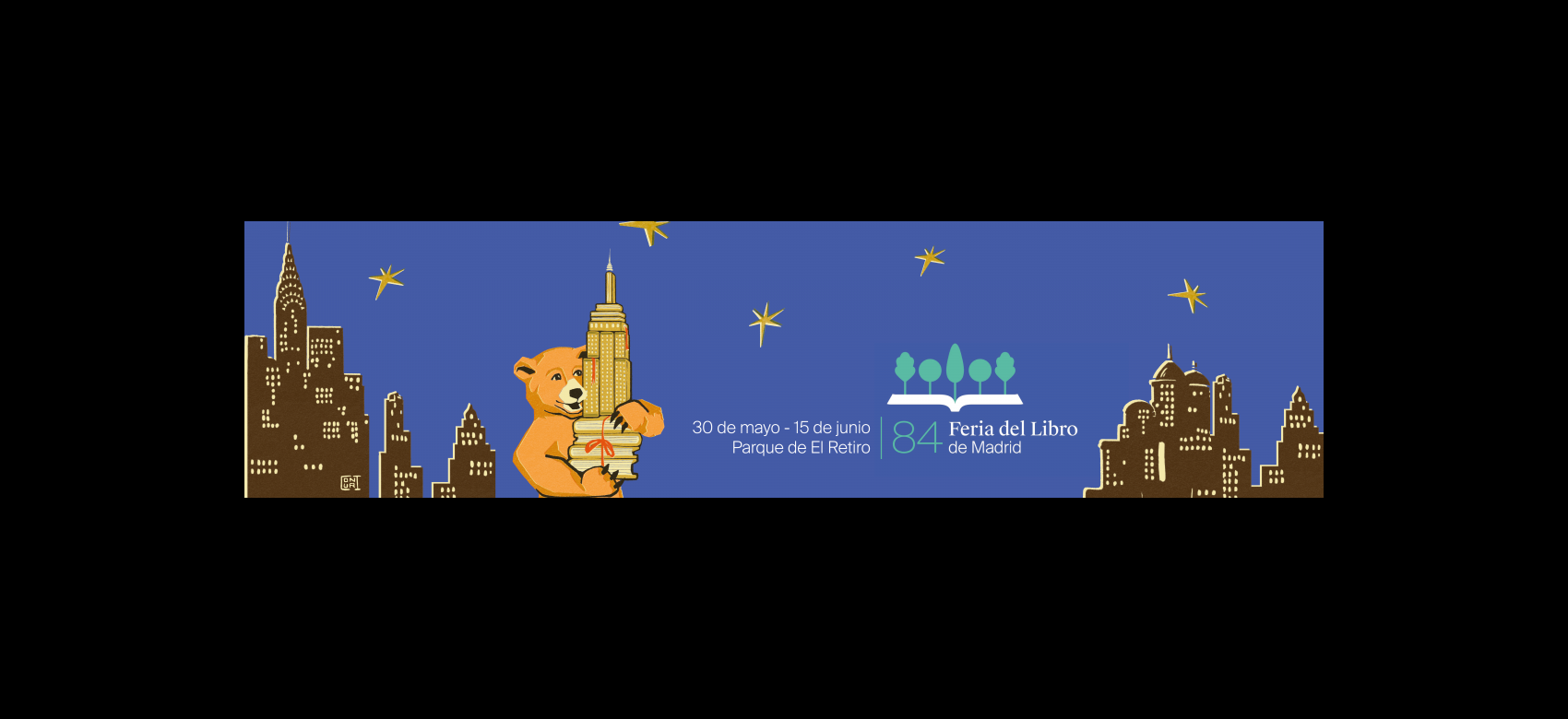 Ilustración de una osa abrazando el Empire State con fondo azul y estrellas