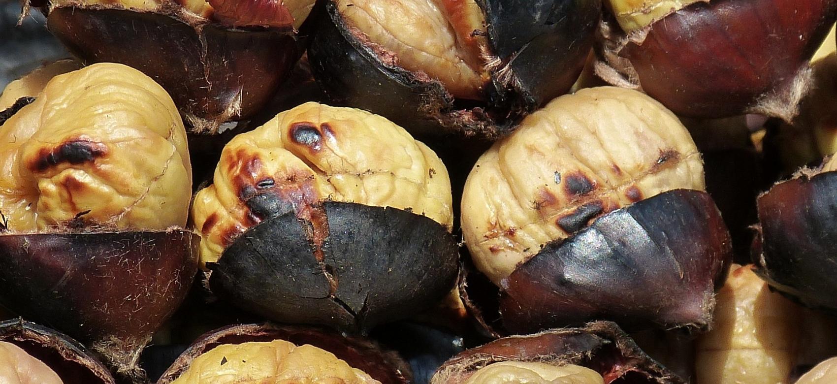 Frutos secos como las nueces, castañas, avellanas, almendras,...  Castañas asadas
