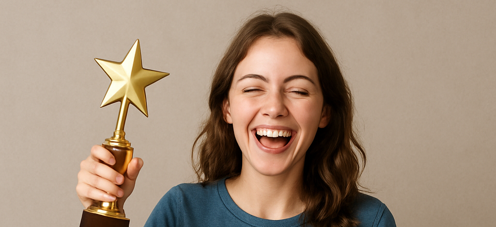 Chica sonriendo y sujetando un trofeo de estrella