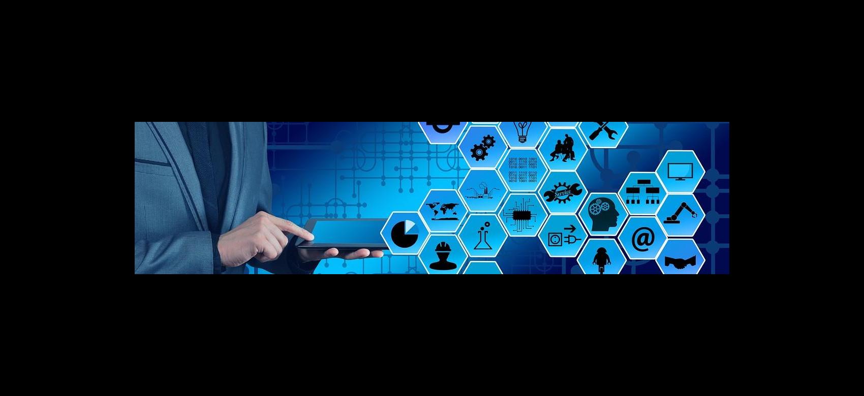 Ilustración iconografía tecnología y empresa en negro sobre fondo azul