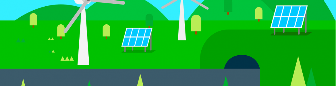 Eficiencia energética Dibujo de campo con paneles solares y molinos de viento
