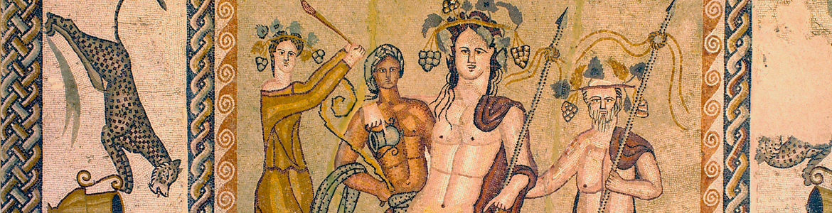 Emblema del mosaico del triclinium de la casa de Baco. Museo Arqueológico Regional. Emblema del mosaico del triclinium de la casa de Baco.