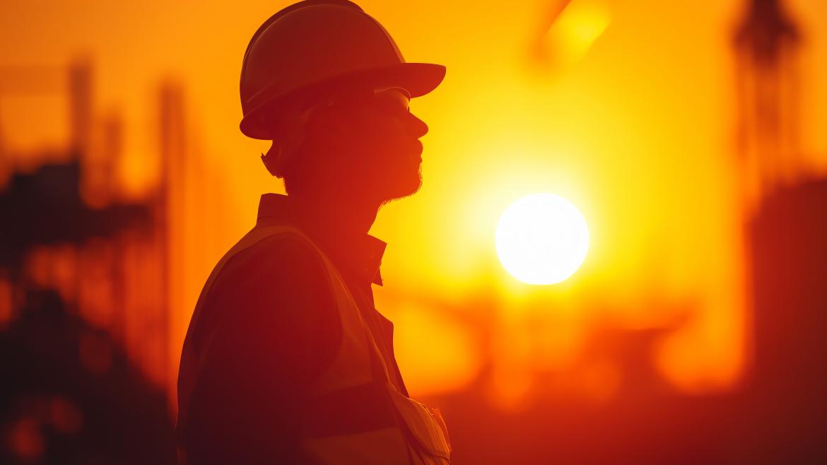 perfil trabajador obra con sol de fondo