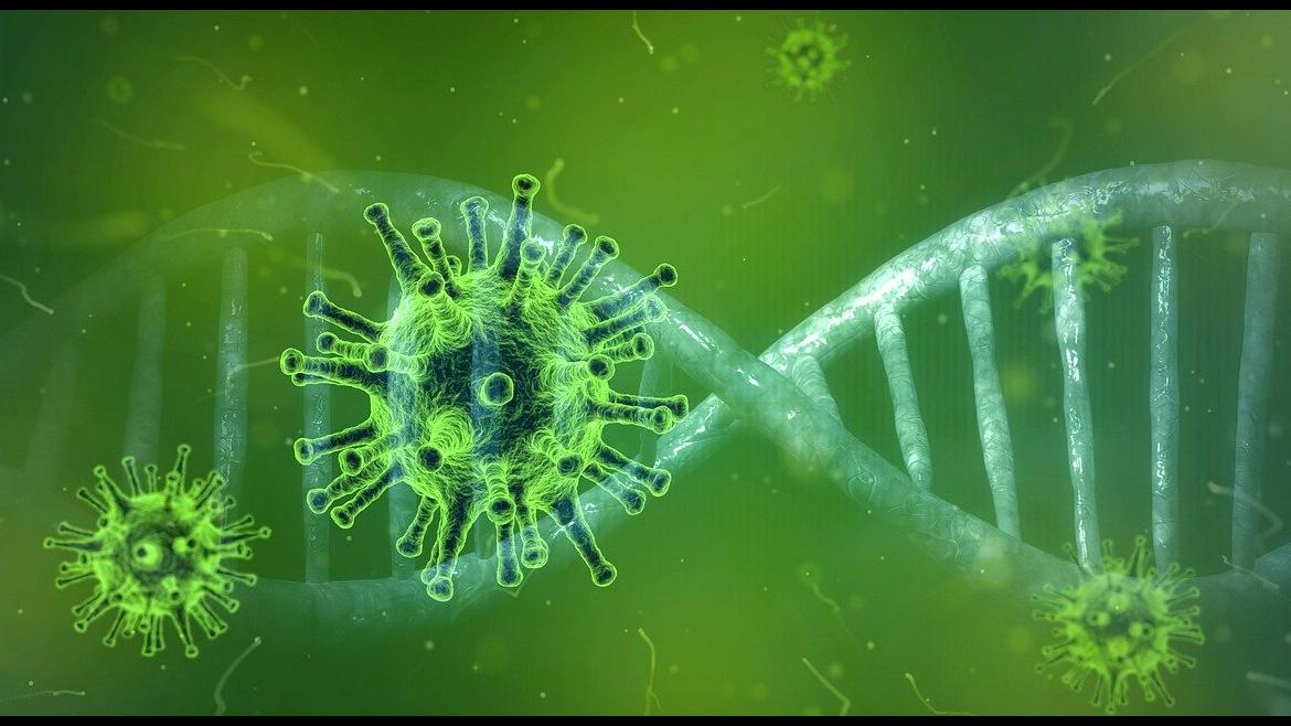 Recreación de coronavirus sobre cadena de ADN en color verde