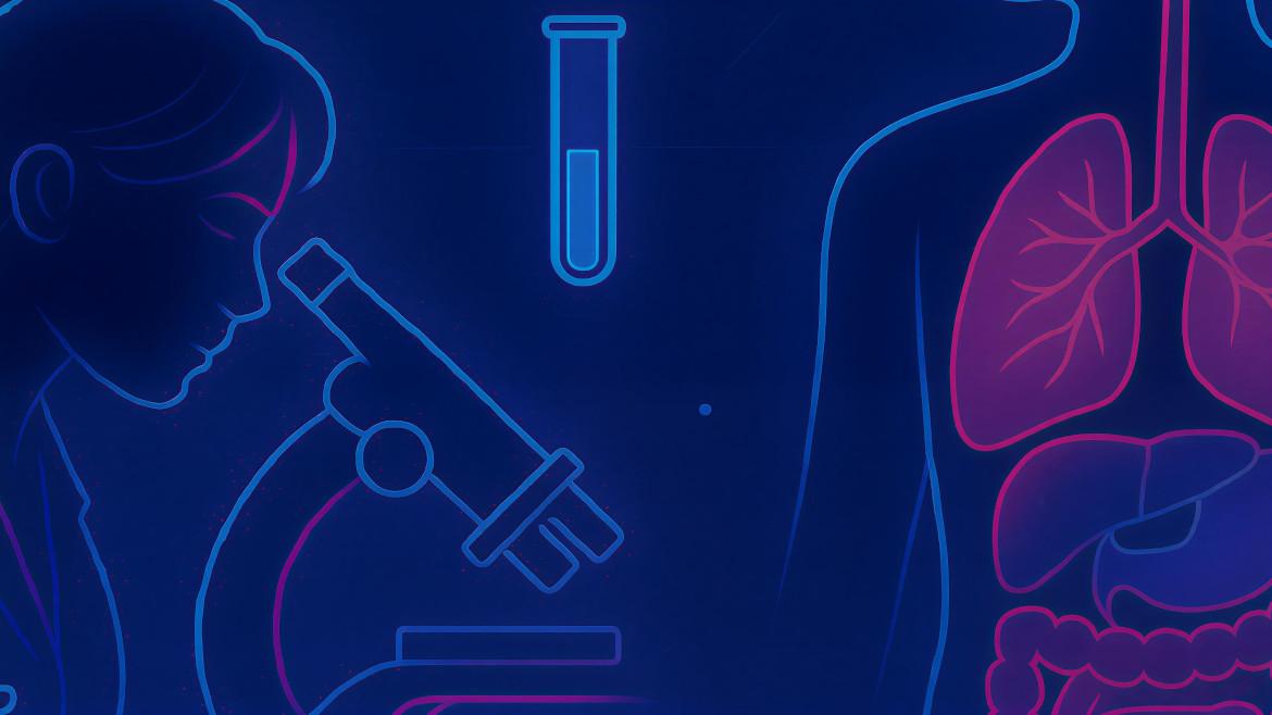 Imagen icónica de una persona mirando en un microscopio y la anatomía del cuerpo humano