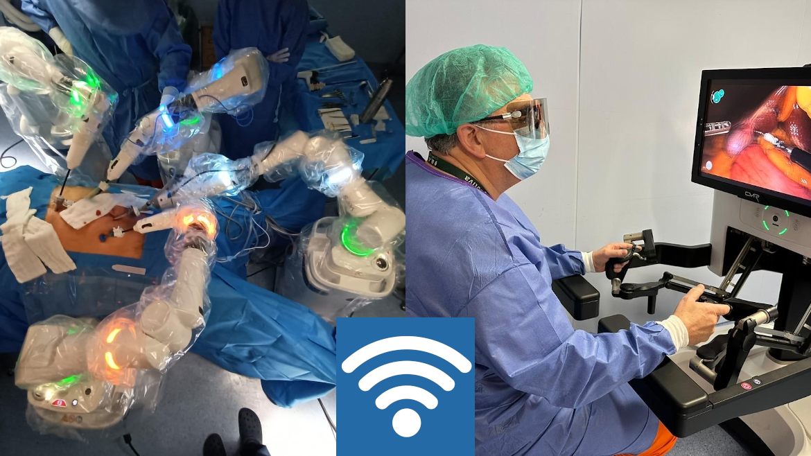 Dos imagenes de la intervención en quirófano en el Hospital Universitario Ramón y Cajal y una señal icónica de onda aérea