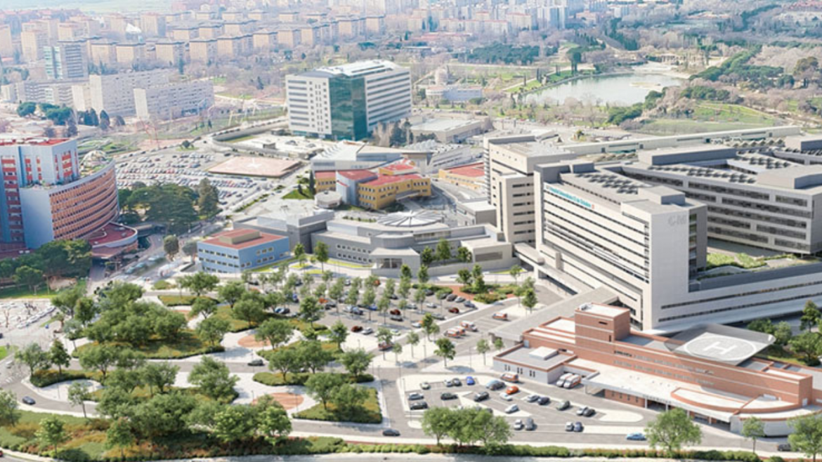 ilustración prediseñada edificio hospitalario de módulos con fachada rectangular y brazos a la derecha, edificio curvo de ladrillo a la izquierda