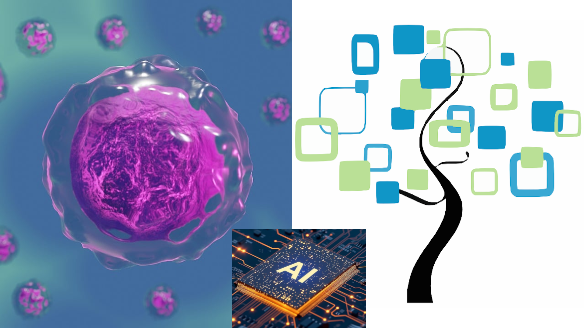 Imagen icónica de celulas, un árbol y un chip informático