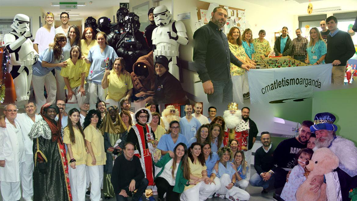 Montaje con las visitas de la Legión 501, Club de Atletismo Arganda y los Reyes Magos con el personal del Hospital