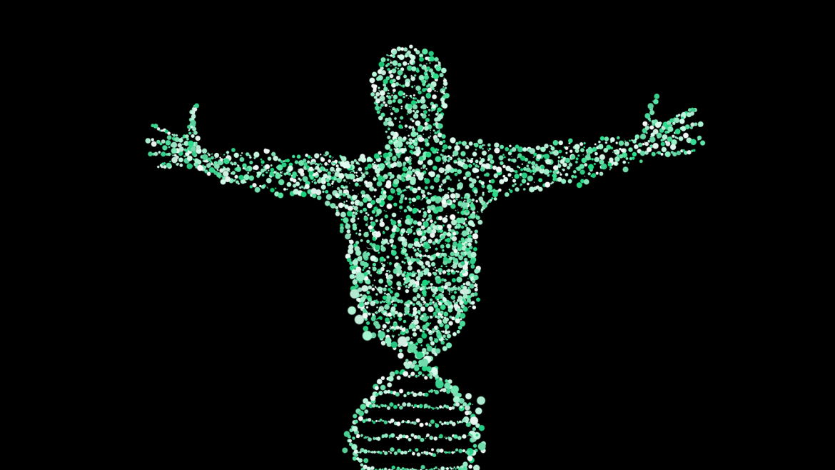 Imagen de una figura humana compuesta por una cadena de ADN