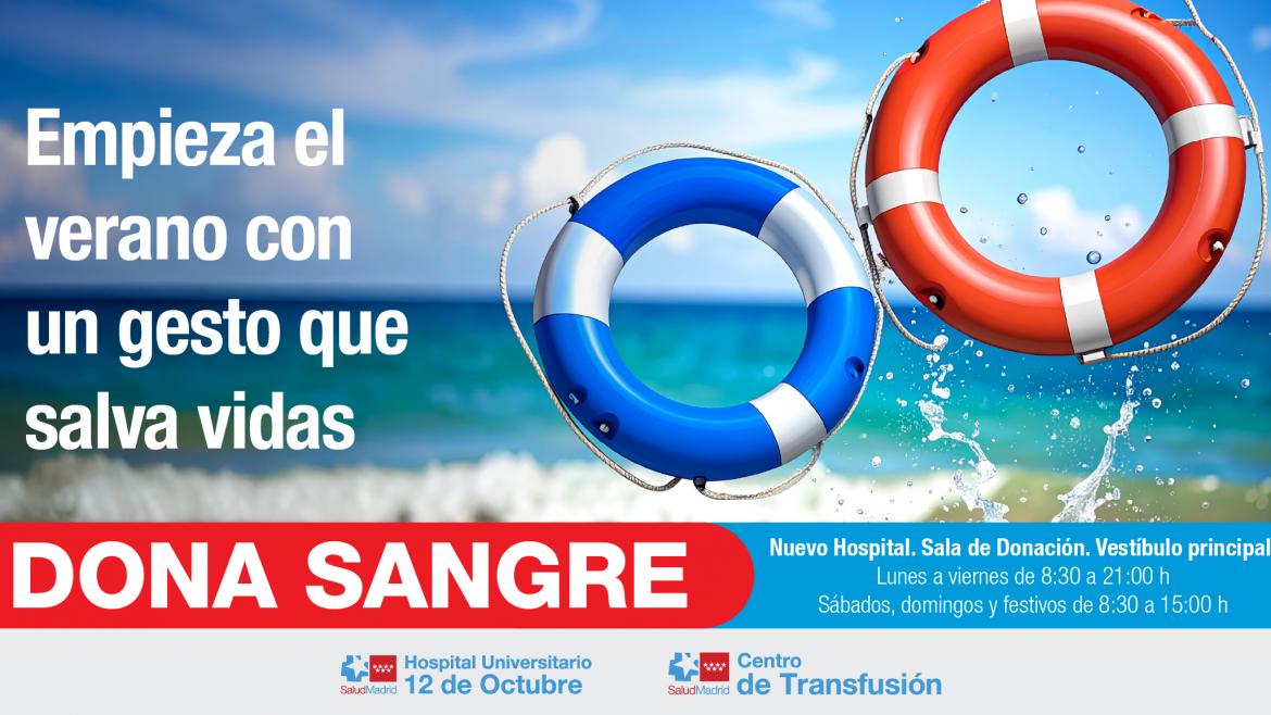 Campaña de donación de sangre cartel con dos flotadores de agua ala derecha y de fondo el mar y a la izquierda un lema