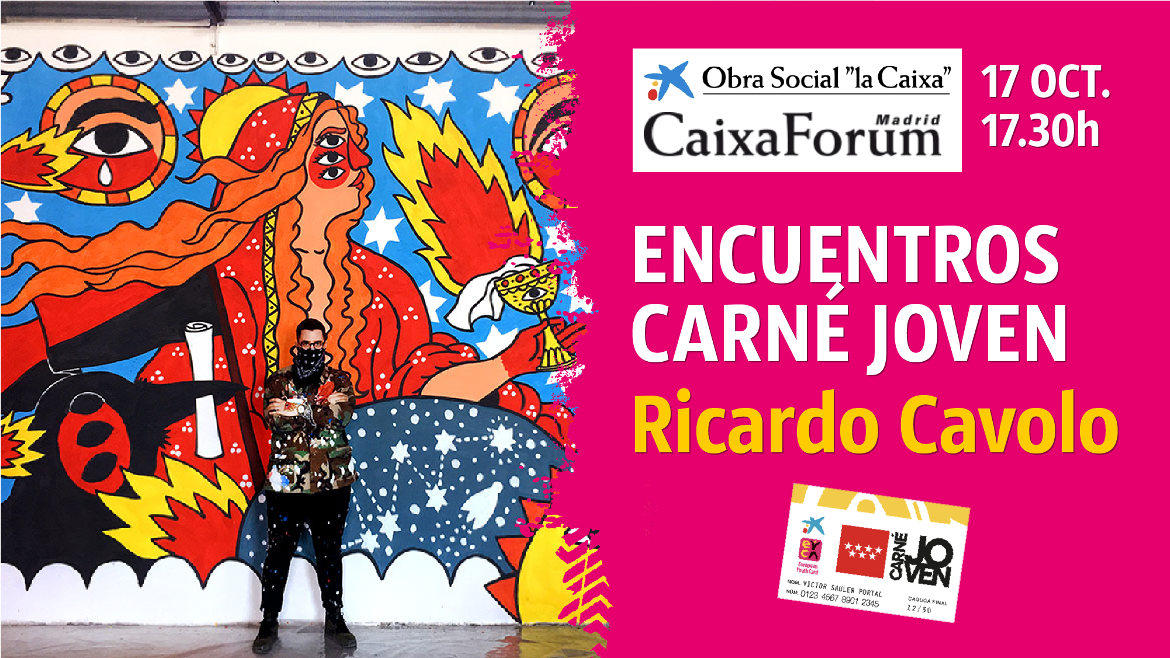 Cartel Ricardo Cavolo delante de una obra suya