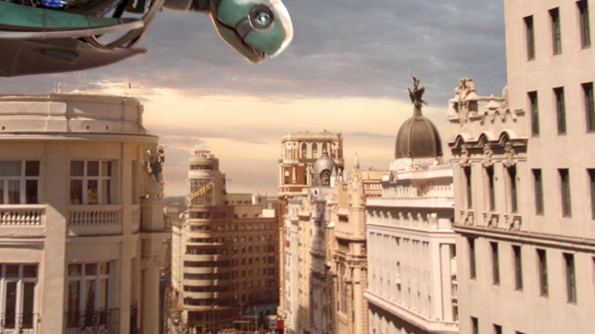 Montaje de la Gran Vía con una especie de robot mirándola desde el cielo