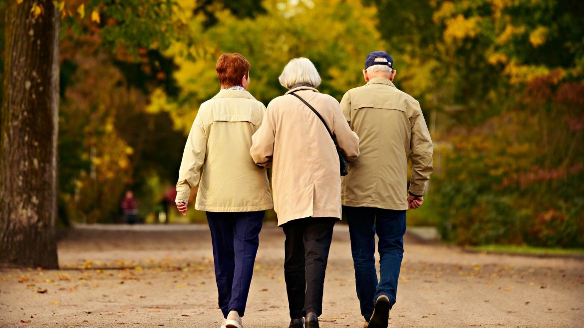 tres personas mayores caminando por un parque actividad física
