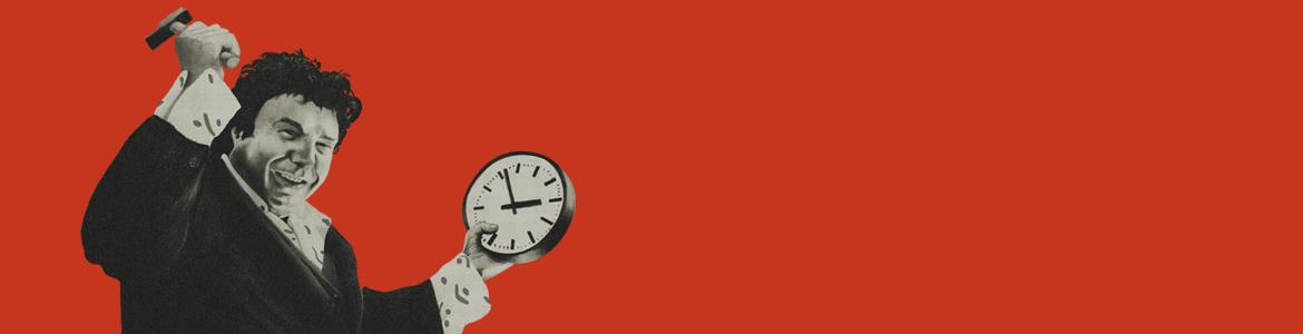 Figura masculina con un martillo y un reloj sobre fondo rojo