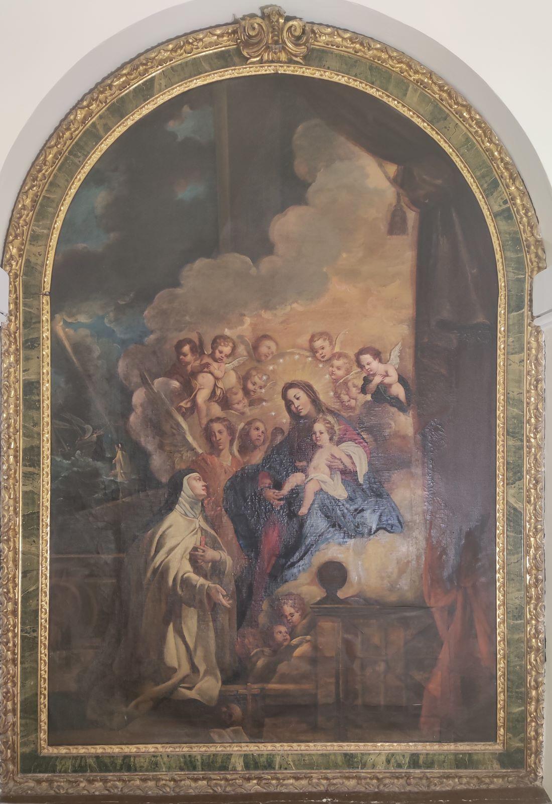Pintura que representa la virgen María con el niño Jesús recibiendo a una mujer con hábitos religiosos rodeadas por un coro de ángeles