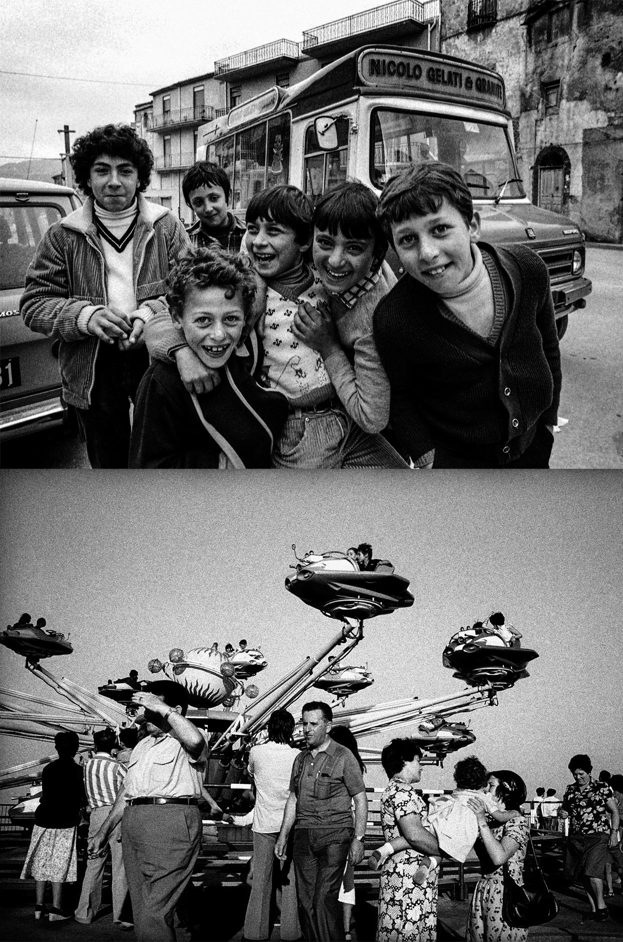 Montaje de dos fotografías, una con niños mirando a la cámara y otra en un parque de atracciones