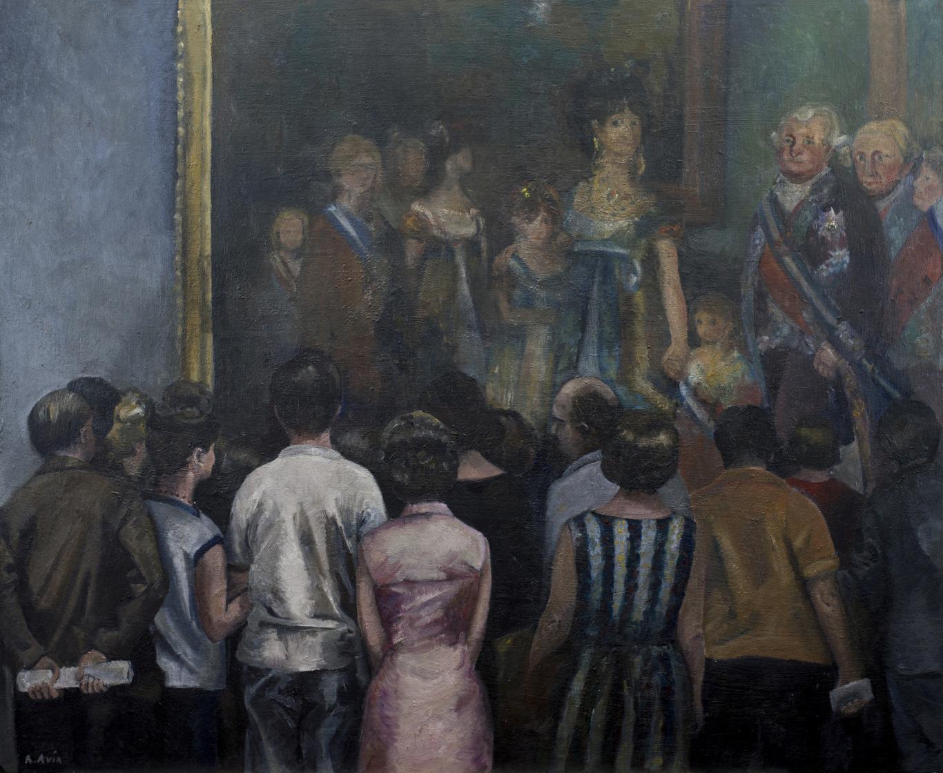 Pintura de un grupo de personas de espalada mirando un cuadro que representa a la familia del Rey Carlos IV