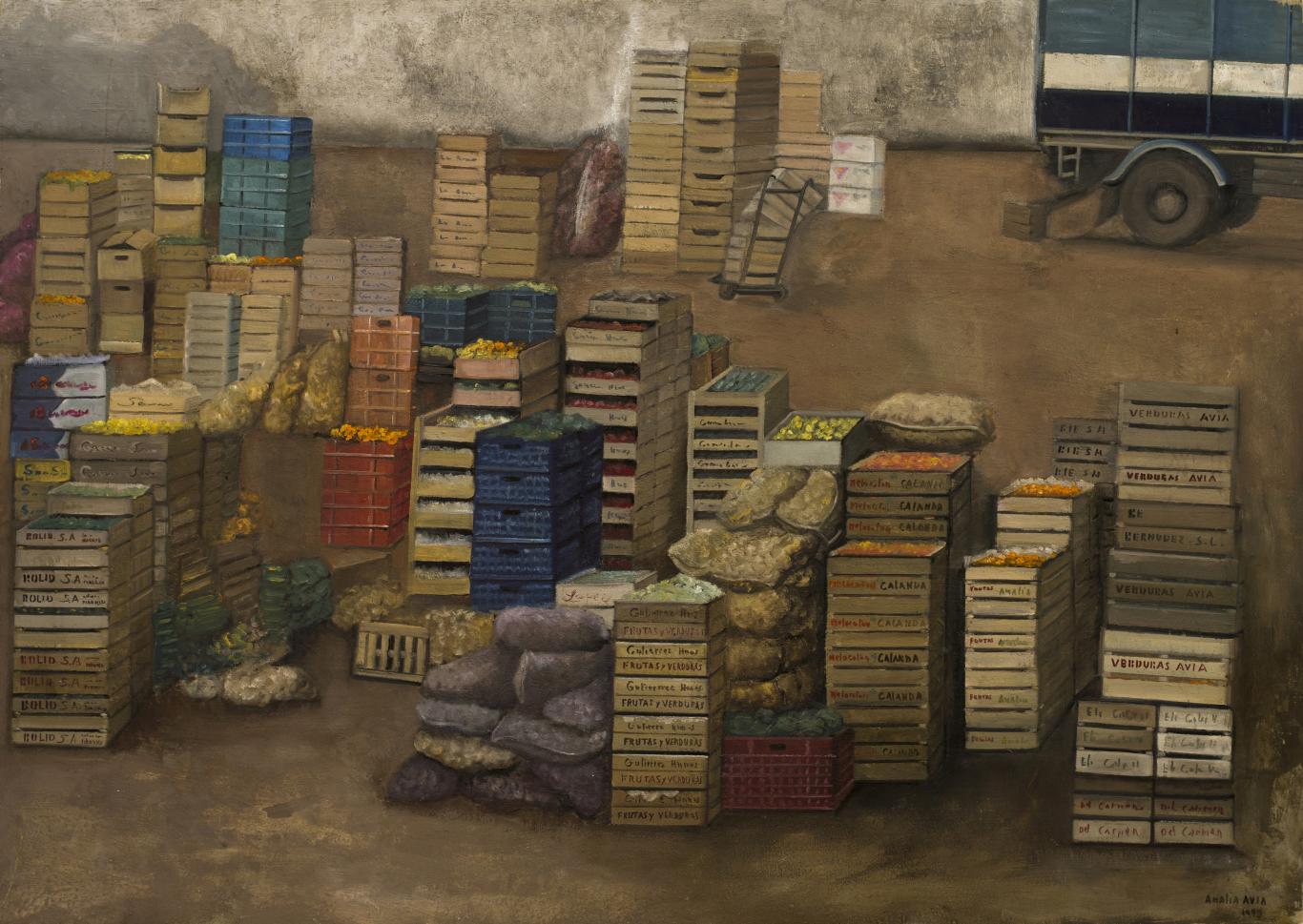 Pintura donde se representan cajas apiladas en la calle y un camión de fondo