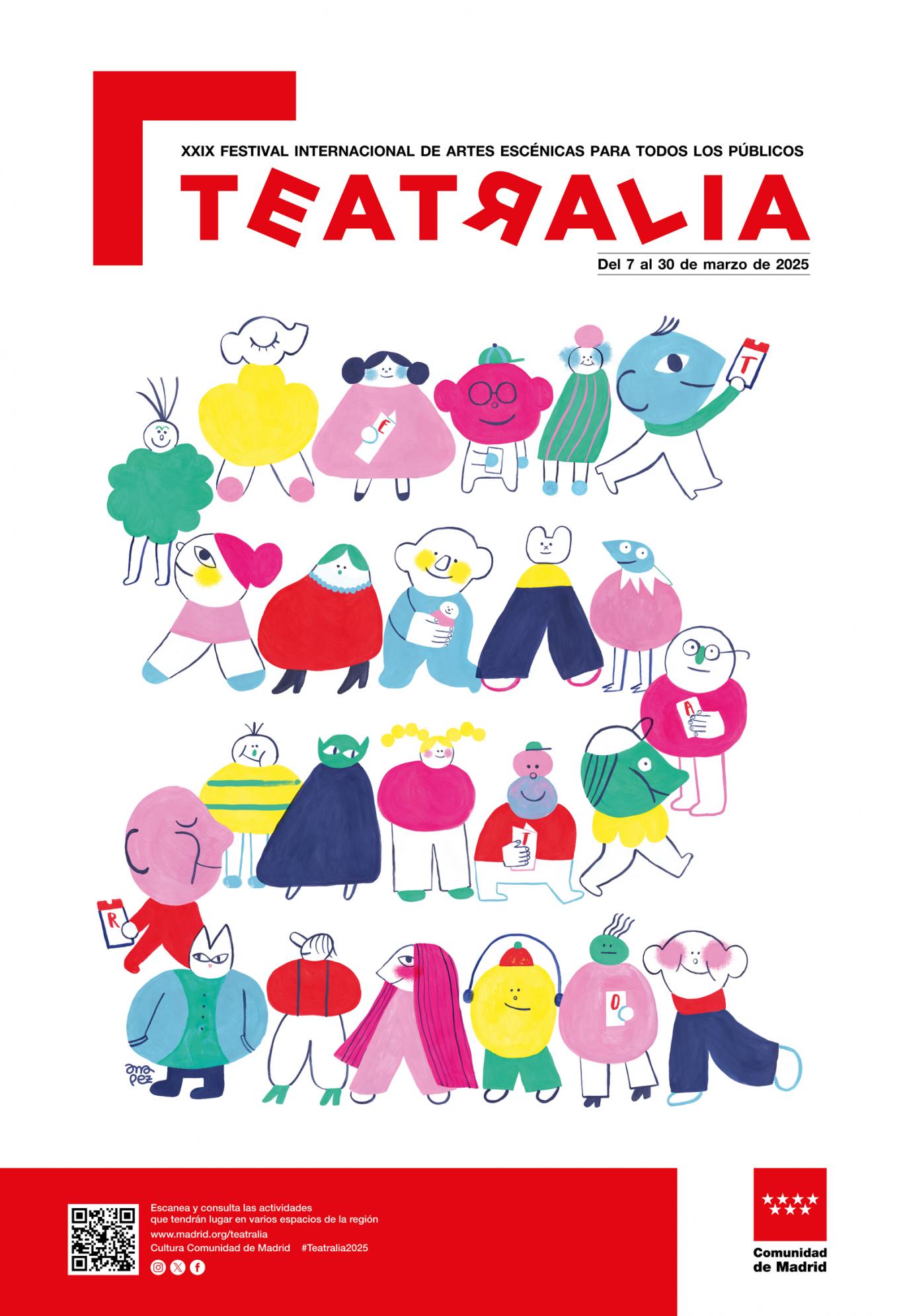Cartel con dibujos de personajes infantiles con camisetas de colores