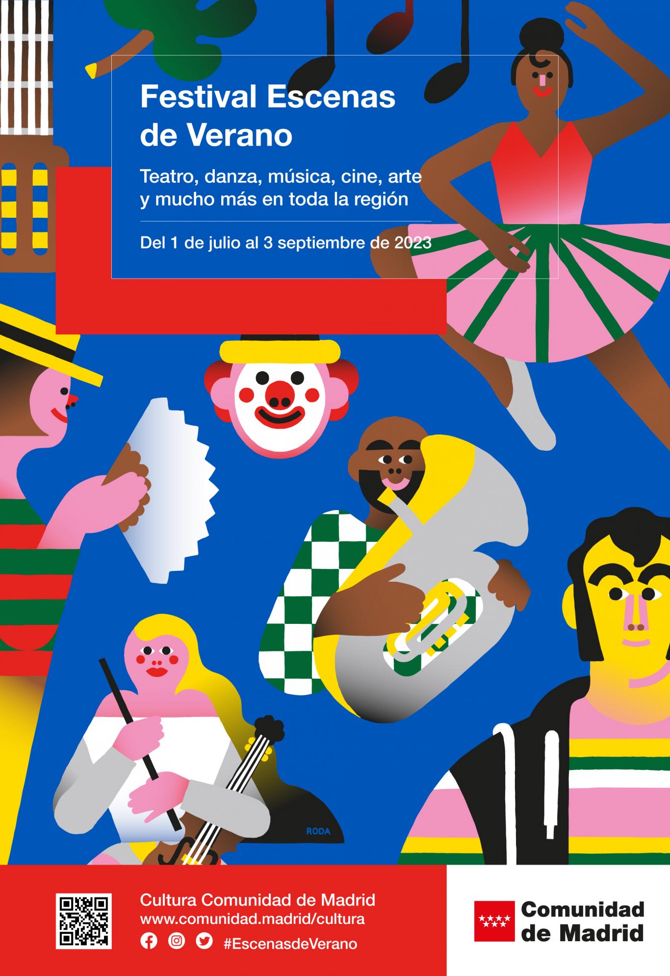 Ilustración con personajes tocando instrumentos y bailando