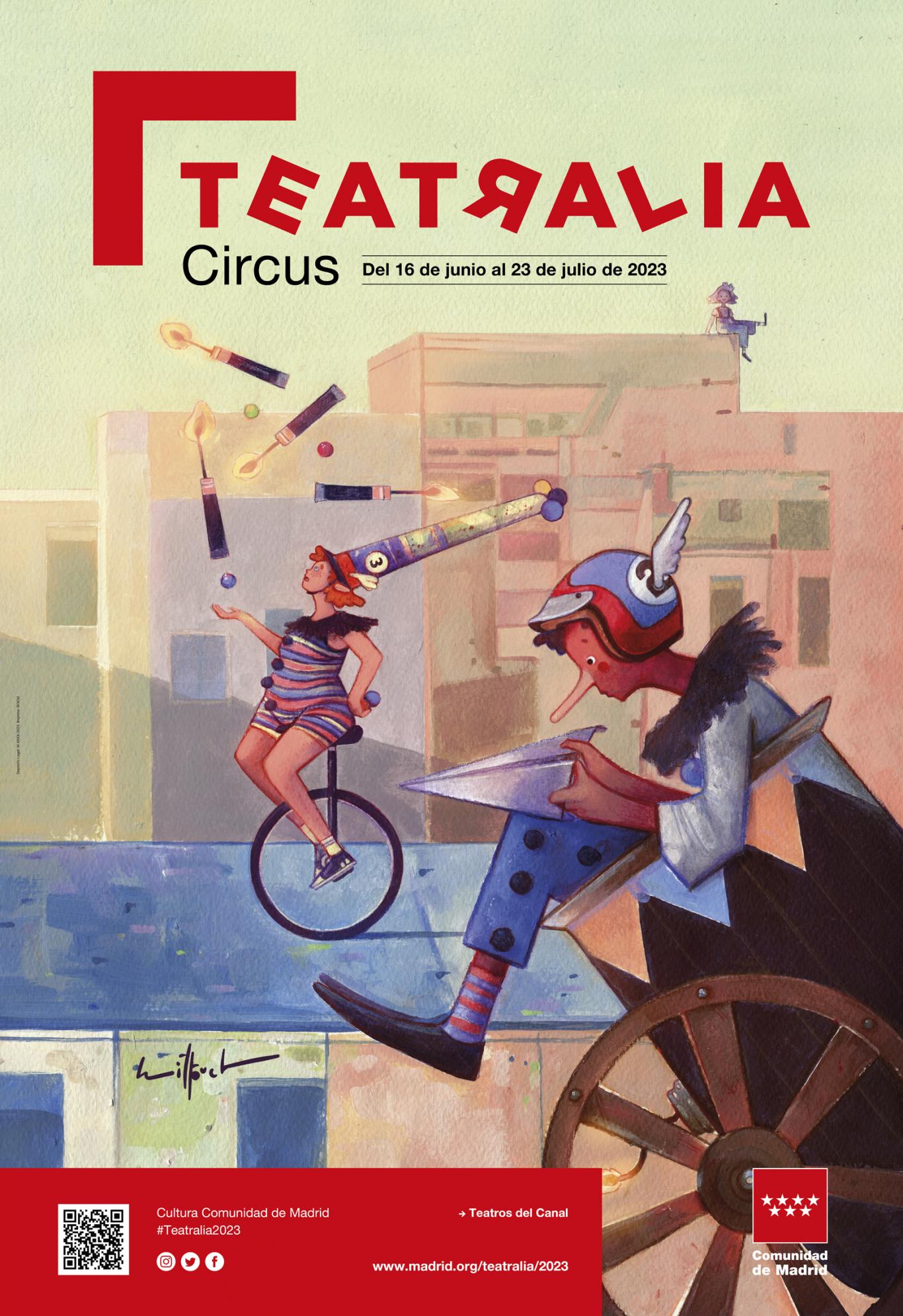 Cartel Teatralia Circus 2023. Ilustración Héctor San Andrés (Hittouch) Dibujo de unos acróbatas y malabaristas